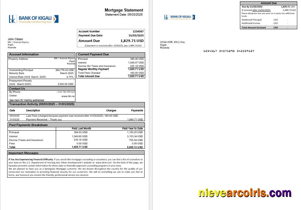 Rwanda bank of Kigali mortgage statement